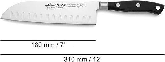Arcos Knife 7 Inch Stainless Steel. Japanese Professional Kitchen Knife for Cutting Meat, Fish and Vegetables. Ergonomic Polyoxymethylene Handle and 180mm Blade. Series Riviera. Color Black.