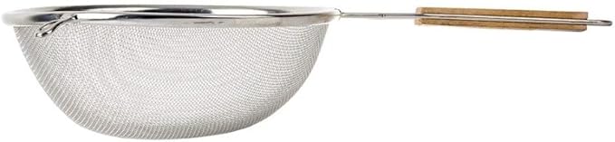 Soro Essentials- 8" Stainless Steel Single Coarse Mesh Strainer with Wooden Handle Pan Hook- Single Tinned Coarse Kitchen Food Strainer for Sift Drain Straining Liquids Stocks Sauces Soups Pasta