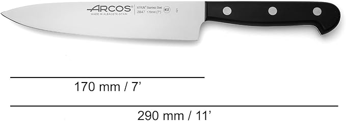 Arcos Chef Knife 7 Inch Stainless Steel. Professional Cooking Knife For Cutting Variety of Foods. Ergonomic Polyoxymethylene Handle and 175 mm Blade. Series Universal. Color Black
