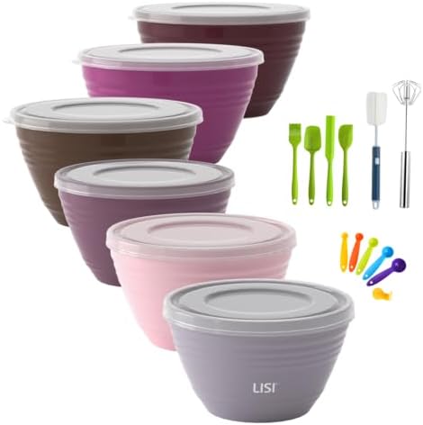 LISI 6 Pack Mixing Bowl Set with Lids, Plastic Bowls for Kitchen, Nesting Salad & Meal Prep Bowls, BPA-Free, Large Storage Bowl with Airtight Lids