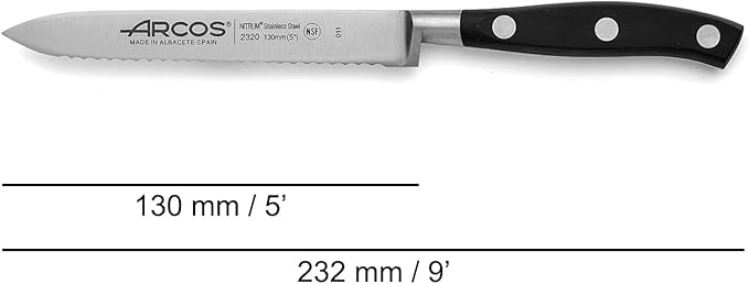 Arcos Forged Knife Serrated 5 Inch Nitrum Stainless Steel and 130 mm blade. Ergonomic Polyoxymethylene POM Handle. Series Riviera. Color Black