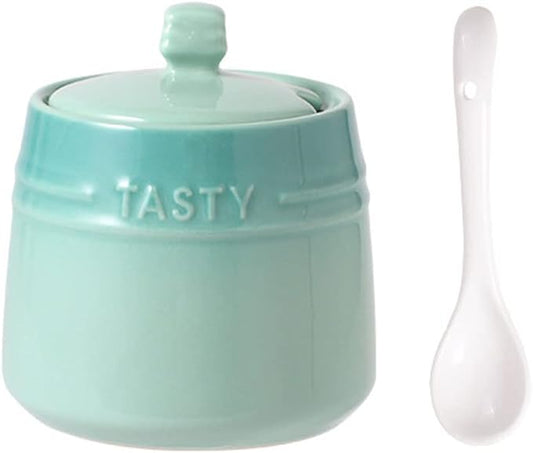 Colourful Ceramic Spice Jar Seasoning Box Condiment Pot Sugar Bowl with Lid Spoon-Green