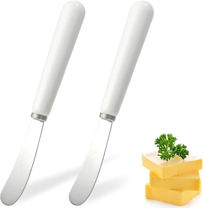 Butter Spreader Knife Set: Stainless Steel Butter Knife with Porcelain Long Handles - 2 Pack cheese spreader for Soft & Hard Butter, Jam, Cheese - Cheese Knife Spreader for Kitchen Use (White Handle)