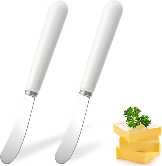 Butter Spreader Knife Set: Stainless Steel Butter Knife with Porcelain Long Handles - 2 Pack cheese spreader for Soft & Hard Butter, Jam, Cheese - Cheese Knife Spreader for Kitchen Use (White Handle)