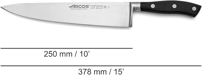 Arcos Forged Chef Knife 10 Inch Stainless Steel. Sharp Professional Cooking Knife for Cutting Meat. Ergonomic Polyoxymethylene Handle and 250mm Blade. Series Riviera. Color Black
