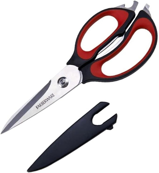 Farberware 4-in-1 Kitchen Scissors with Sheath, Multi-Use Kitchen Shears for Cutting, Jar Opener, Bottle Opener, Flathead Screwdriver - Stainless Steel Blades, 2-Piece Set (Black/Red)