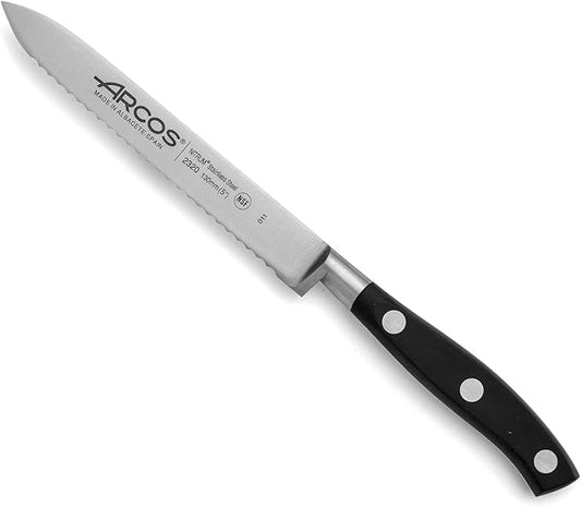 Arcos Forged Knife Serrated 5 Inch Nitrum Stainless Steel and 130 mm blade. Ergonomic Polyoxymethylene POM Handle. Series Riviera. Color Black