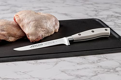 Arcos Boning Knife 5 Inch Nitrum Stainless Steel and 130 mm blade. Professional Butcher Knife to Slice Bones from Meat. Ergonomic Polypropylene Handle. Series Riviera Blanc. Color White