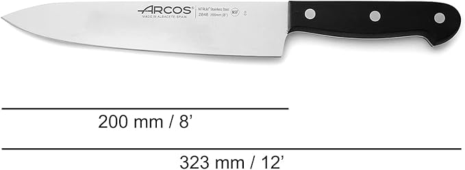 Arcos Chef Knife 8 Inch Stainless Steel. Cooking Knife to Cut and Peel Small Food. Ergonomic Polyoxymethylene Handle and 200mm Blade. Series Universal. Color Black
