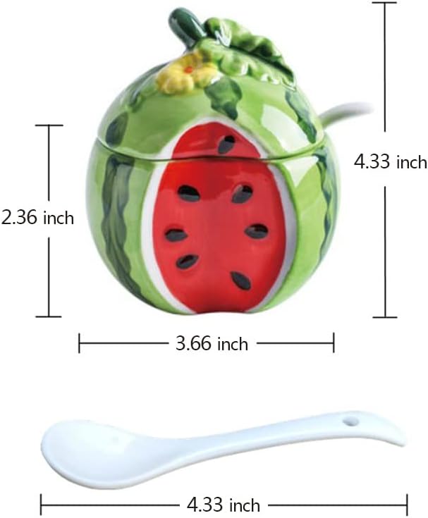 Ceramics Fruit Shaped Sugar Bowl Salt Pot Pepper Storage Jar with Lid and Spoon Seasoning Box Condiment Pots (Watermelon)