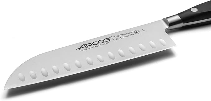 Arcos Knife 7 Inch Stainless Steel. Japanese Professional Kitchen Knife for Cutting Meat, Fish and Vegetables. Ergonomic Polyoxymethylene Handle and 180mm Blade. Series Riviera. Color Black.