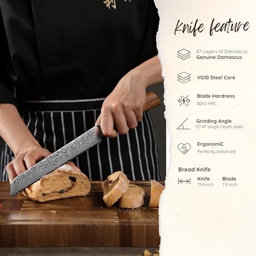 Wakoli EDIB Pro Premium Damascus Bread Knife – Japanese Style Kitchen Knife | 7.9-Inch Blade Made of 67-Layer Damascus Steel with Corrugated Polished Blade | Ergonomic Pakkawood Handle