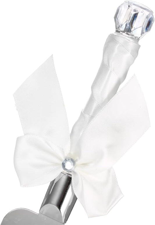 Irishom Stainless Steel Wedding Cake Knife Server Set Crystal Handles Cake Cutter with Packing Box for Wedding Anniversary (White Ribbon)