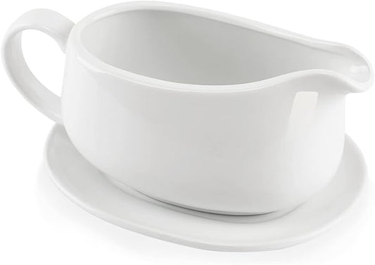 25 oz Gravy Boat and Tray, Ceramic White Gravy Boat with Saucer Stand for Dining, 2 Pieces Procelain Gravy Boat and Saucer