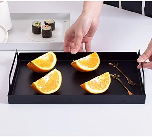 Peohud 2 Pack Black Metal Serving Tray, Decorative Coffee Table Tray with Handles, Vanity Platter Breakfast Tray for Eating, Storing, Bedroom, Kitchen, Living Room, Bathroom