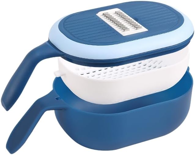 Blue 6-in-1 Vegetable Slicer and Grater with Drain Basket – Multifunctional Kitchen Mandoline Cutter for Slicing, Shredding, Grating – Includes 6 Blades – Wash & Cut Integrated Design