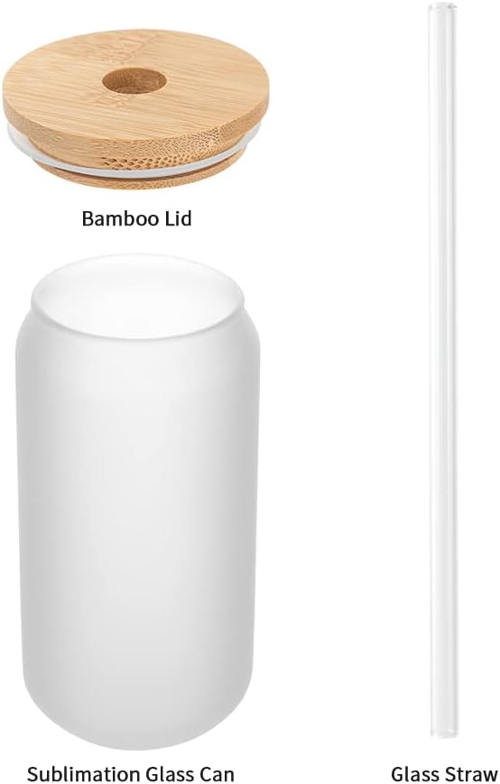 PYD Life 12 Pack Sublimation Glass Cans Blanks Frosted 18 OZ with Bamboo Lid and Clear Glass Straw Beer Cans Wide Mouth Jar Tumbler Cups Mugs for Iced Coffee,Juice,Soda,Drinks,Beer