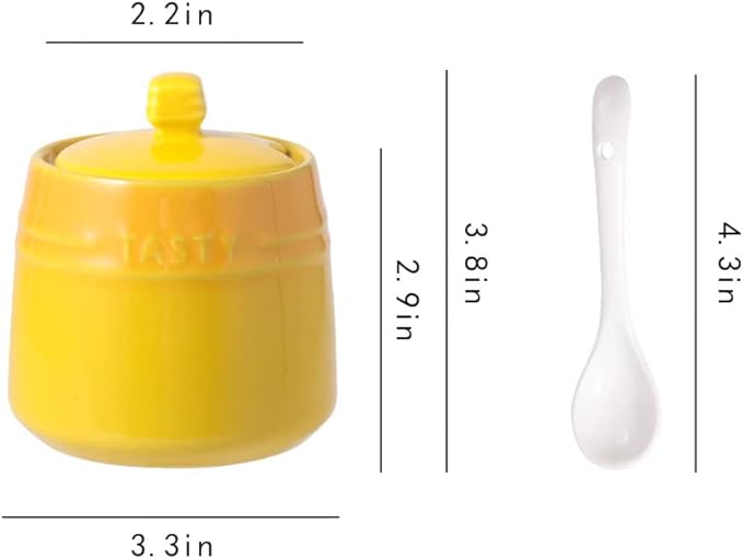 Colourful Ceramic Spice Jar Seasoning Box Condiment Pot Sugar Bowl with Lid Spoon-Yellow