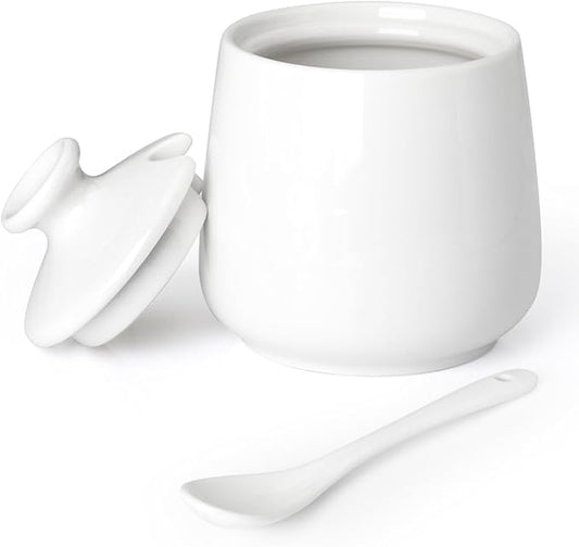 Ceramic Sugar Bowl with Lid and Spoon, Porcelain Salt Storage Jar, White Seasoning Container for Home and Kitchen, 9 Ounces (White)