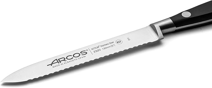 Arcos Forged Knife Serrated 5 Inch Nitrum Stainless Steel and 130 mm blade. Ergonomic Polyoxymethylene POM Handle. Series Riviera. Color Black