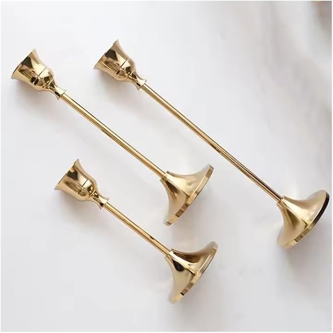 IBSales | Set of 3 Metal Taper Candle Holders – Gold Vintage-Inspired Decorative Centerpiece for Table, Mantel, Wedding, or Housewarming Gift – Elegant Modern Design.