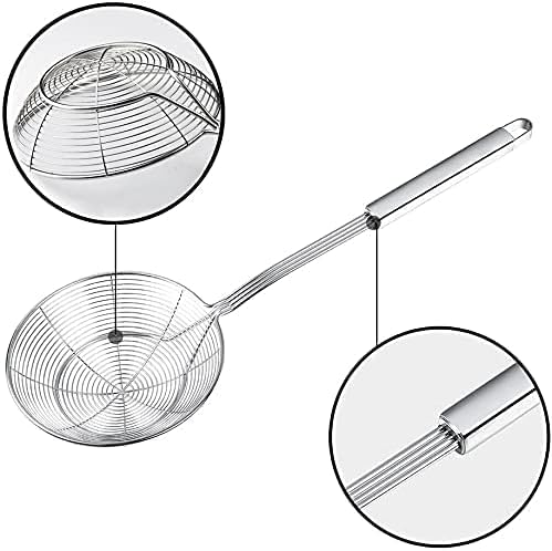 YFWOOD 7.9 Inch Spider Strainer Skimmer, Reinforced Double Coil Wire Skimmer with Large Handle Solid Stainless Steel Strainer Ladle for Cooking and Frying (1 - Piece)