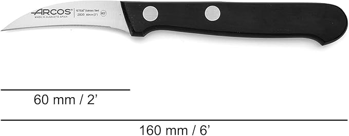 Arcos Curved Paring Knife 2 Inch Stainless Steel. Kitchen Knife for Peeling Fruits and Vegetables. Ergonomic Polyoxymethylene Handle and 60 mm Blade. Series Universal. Color Black.