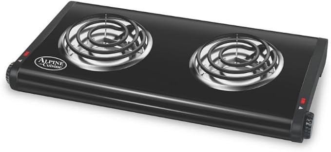 ALPINE CUISINE Electric Double Burner, 1500W, Dual Plate Portable Hot Plate for Indoor Cooking, Adjustable Temperature Control, Compact Design, 120V, Ideal for Home, Dorm, RV, or Travel Use