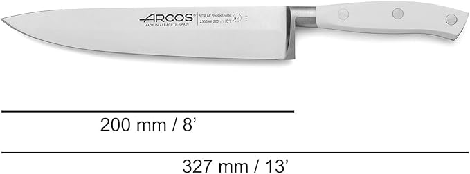 Arcos Forged Knife 3 pieces - Nitrum Stainless Steel and mm blade. 613 gr. Ergonomic Polyoxymethylene POM Handle. Series Riviera Blanc. Thin blade with a characteristic smooth edge. Color White