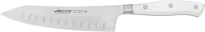 ARCOS Rocking Santoku Knife 7 Inch Stainless Steel. Japanese Professional Kitchen Knife for Cutting Fruits and Vegetables. Ergonomic White Handle. Series Riviera Blanc