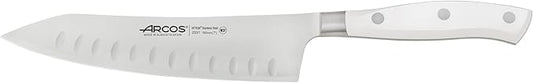 ARCOS Rocking Santoku Knife 7 Inch Stainless Steel. Japanese Professional Kitchen Knife for Cutting Fruits and Vegetables. Ergonomic White Handle. Series Riviera Blanc