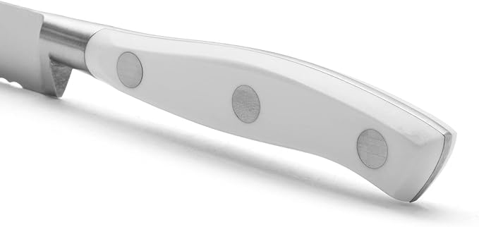 Arcos Forged Knife Serrated 5 Inch Nitrum Stainless Steel and 130 mm blade. Ergonomic Polyoxymethylene POM Handle. Series Riviera Blanc. Color White