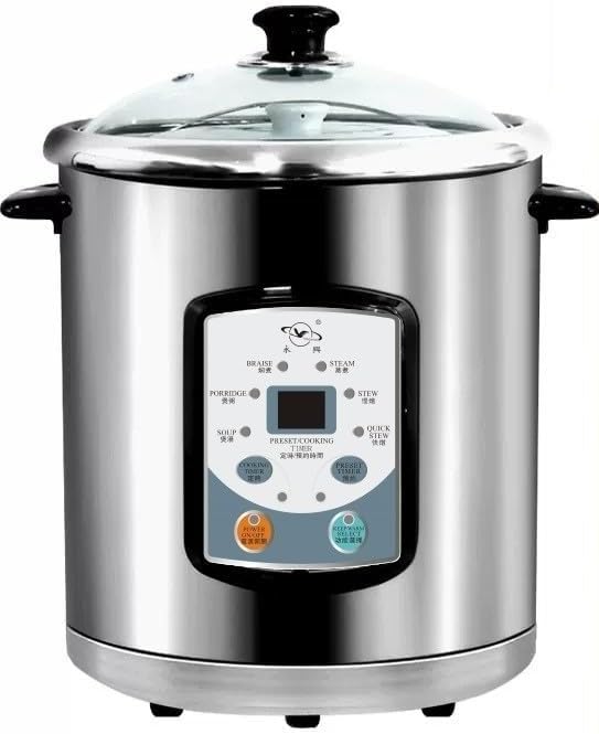 YONGXING 9L Electric Stew Cooker with Ceramic Water-Bath Insert, Stainless Steel Inner Pot, Dual Cooking Modes, 24H Timer, 7-Level Keep Warm, Slow Soup Maker for Home Restaurant, DYG-35AF