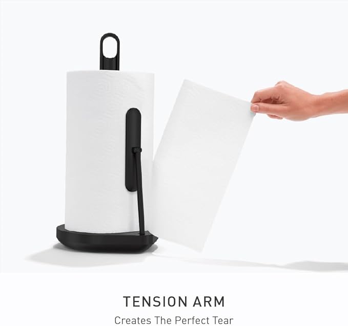 simplehuman Tension Arm Standing Paper Towel Holder, Heavy-Duty, Easy One-Handed Tear, Kitchen Countertop, Black Stainless Steel