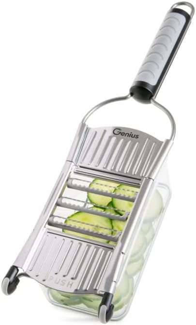 Genius Nicer Dicer Speed Vegetable Slicer with 3 Inserts, Stand and 550ml Collecting Container, Parmesan Grater, Julienne Grater and V-Slicer