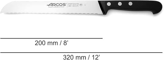 Arcos Bread Knife 8 Inch Nitrum Stainless Steel and 200 mm blade. Obtain a great variety of cuts for your food. Ideal knife for daily domestic use. Series Universal. Color Black