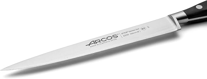Arcos Knife 8 Inch Nitrum Stainless Steel and 200 mm blade. Sharp Knife to Meat and Fish. Ergonomic Polyoxymethylene POM Handle. Series Riviera. Color Black