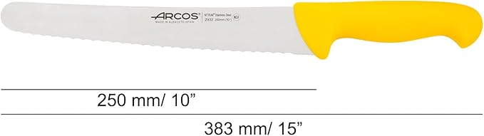 ARCOS Pastry Knife/Cake Knife Nitrum Stainless Steel and 250 mm blade. Cut, section, and slice bases for cakes. Series 2900. Ergonomic Polypropylene Handle. Color Yellow.