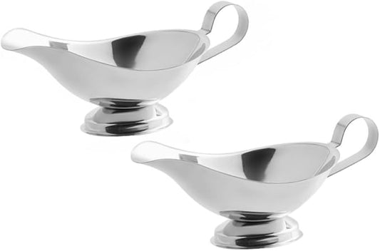 Soro Essentials- 8 oz. Stainless Steel Gravy Sauce Boat Gadroon Base with Loop Handle Set of 2- Restaurant Gravy Boat Dripless Lip Spout Serving Dish Gravy Bowl for Sauces Gravy Salad Dressings Milk