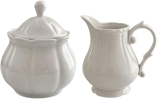 WAIT FLY Vintage Embossed Ceramic Creamer and Sugar Bowl Set, Cream Pitcher, Sugar Bowl with Lid, Coffee Serving Set-White-Creamer Bowl Set