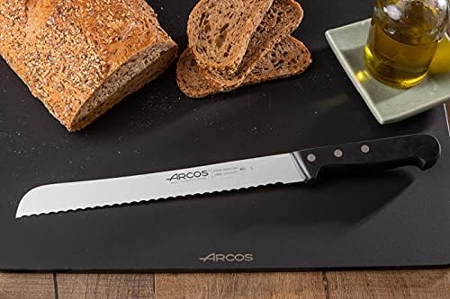 Arcos Bread Knife 10 Inch Nitrum Stainless Steel and 250 mm blade. Obtain a great variety of cuts for your food. Ideal knife for daily domestic use. Series Universal. Color Black.