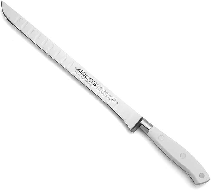 Arcos Forged Knife/Ham Knife 10 Inch Nitrum Stainless Steel and 250 mm blade. Ergonomic Polyoxymethylene POM Handle. Series Riviera Blanc. Thin blade with a characteristic smooth edge. Color White.
