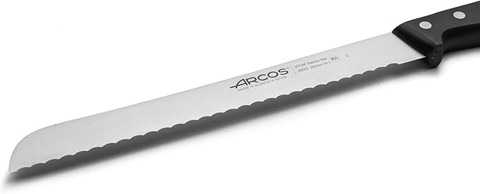 Arcos Bread Knife 10 Inch Nitrum Stainless Steel and 250 mm blade. Obtain a great variety of cuts for your food. Ideal knife for daily domestic use. Series Universal. Color Black.