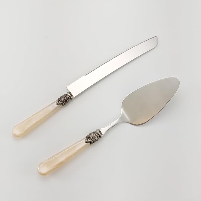 CATHYLIN Wedding Cake Knife and Serve Set, Fancy Hand Craft Italian Style Design, Pearl Pie Knife Server Set, Vintage Silverware,Cake Cutter Set, Cake Knife Gift Set, 2 pcs (champagne)