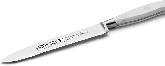 Arcos Forged Knife Serrated 5 Inch Nitrum Stainless Steel and 130 mm blade. Ergonomic Polyoxymethylene POM Handle. Series Riviera Blanc. Color White