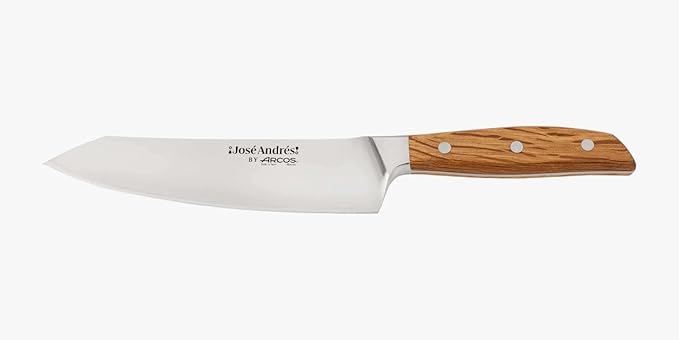 Arcos Jose Andres Rocking Santoku | 7-Inch Forged Knife for Professional Culinary Precision | NITRUM Stainless Steel Blade with Silk Edge | Ergonomic Light Brown Holm Oak Handle