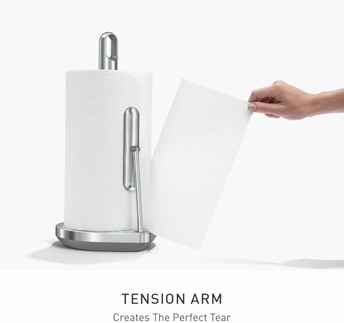 simplehuman Tension Arm Standing Paper Towel Holder, Heavy-Duty, Easy One-Handed Tear, Kitchen Countertop, Brushed Stainless Steel