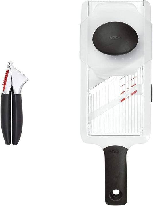 OXO Good Grips Hand-Held Mandoline Slicer & Good Grips Soft-Handled Garlic Press, Black, One Size