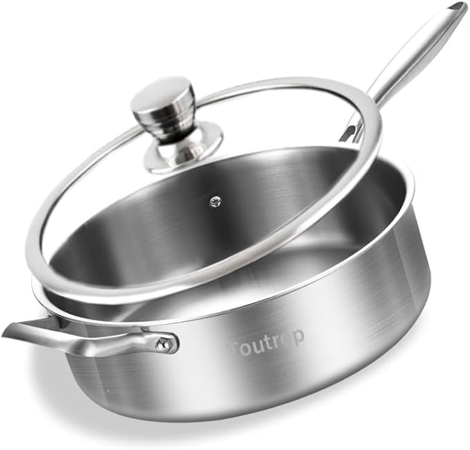 Toutrop Tri-Ply Stainless Steel 8 Quarts Sauté Pan with Lid,13 Inch Induction Deep Frying Pan,Large Skillet, Dishwasher And Oven Safe,Detachable Handle