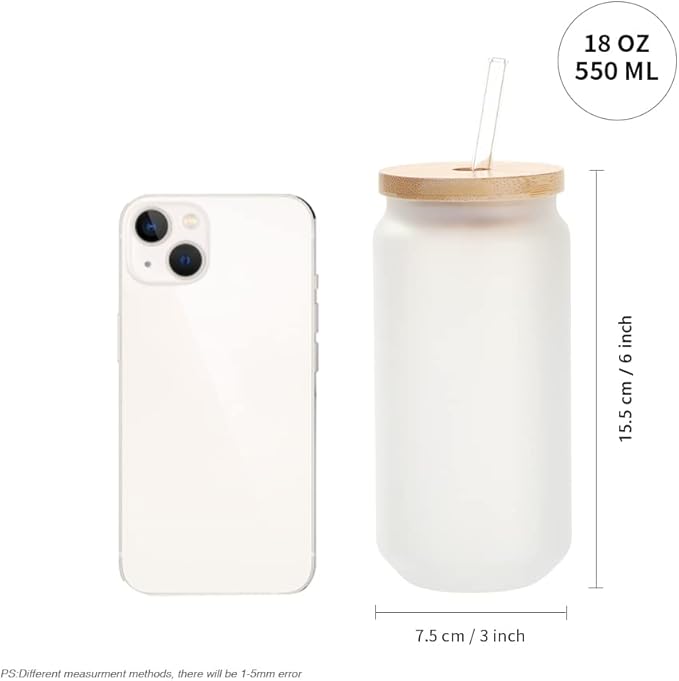 PYD Life Sublimation Glass Cans Blanks Frosted 18 OZ with Bamboo Lid and Clear Glass Straw Beer Cans Wide Mouth Jar Tumbler Cups Mugs for Iced Coffee,Juice,Soda,Drinks,Beer